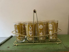 MCM Hazelware 9 pc Caddy Barware Drink Set. 8 Highball Glasses Gold Tone Carrier