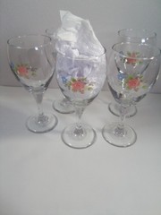 Pfaltzgraff Libbey Tea Rose Wine Glasses Set of 6 Cottage Country Pink and Blue