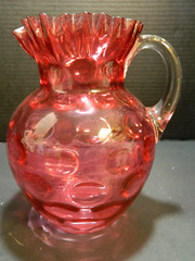 Antique Cranberry Optic Coin Dot Glass Ruffled Pitcher Set (1890’s) Good – Excel