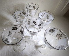 (6pc) Silver Foliage by Libbey 5oz Sherry Silver Leaf on Frosted Glass 5 3/4″