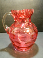 Antique Cranberry Optic Coin Dot Glass Ruffled Pitcher Set (1890’s) Good – Excel