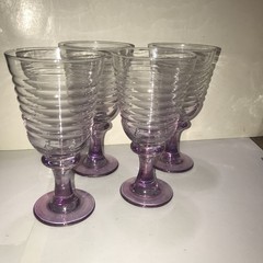 4 Libbey Sirrus Lustre Violet Stemmed Water Tea Goblets Ribbed Ringed .