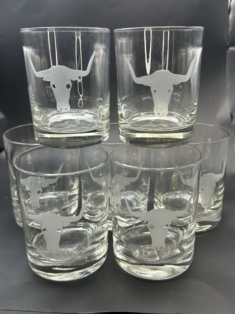 Long Horn Bull Etched Low Ball Whiskey Glasses set of 7. Excellent!!