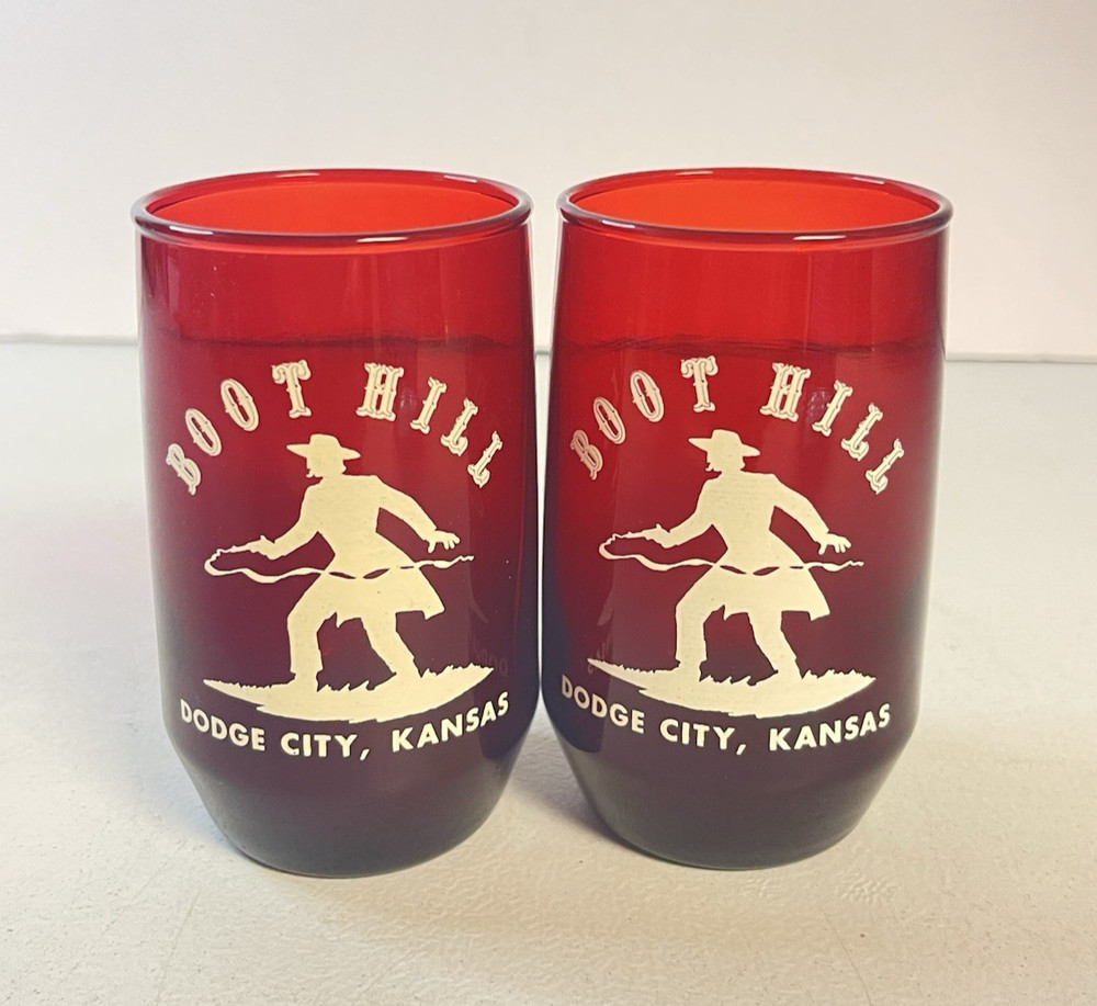 2 Ruby Red JUICE GLASS ANCHOR HOCKING «BOOT HILL» Dodge City Kansas