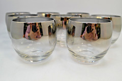Vintage Roly Poly Glass Set of 8 with Caddy Dorothy Thorpe Style Silver Rim MCM!