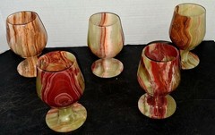 Alabaster Onyx Stemmed Natural Stone Wine Goblets 4 Oz Set Of 5 Polished 5″ Vtg.