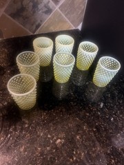 Vintage Fenton Topaz Uranium Opalescent Hobnail Vaseline Glass Set Of 7 Pcs,Cups