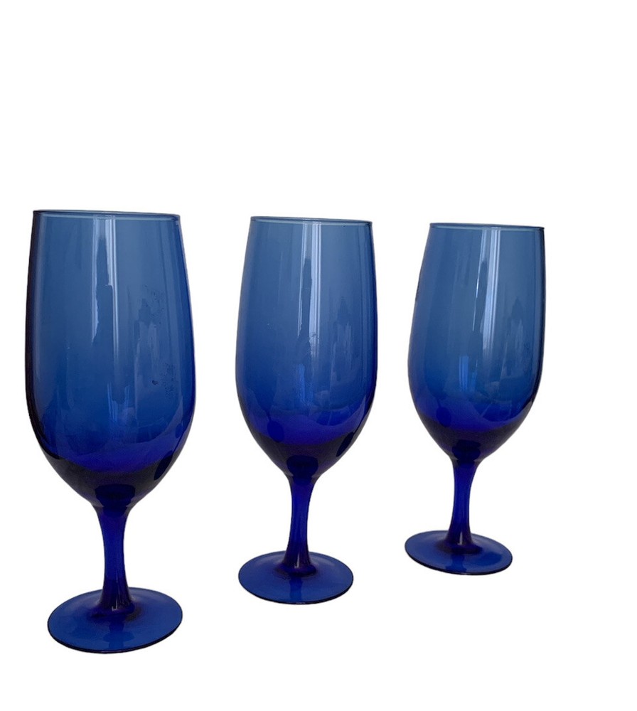 Vintage Luminarc France Cobalt Blue Wine Ice Tea Drinking Glass Set of 3 Signed