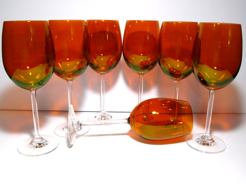 Amber Orange Clear Stem Set of 7 Wine / Water Crystal Luster Goblets 8-1/2” Tall