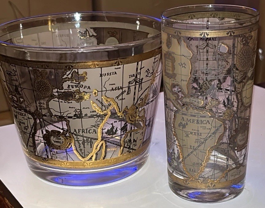 Vintage Cera 22k Gold Trim Glass World Map & Matching Ice Bucket Nice!