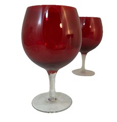 2 Ruby Red Wine Goblets Clear Stem Red Bowl Glass 6-1/2”, 18 oz Vintage READ
