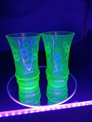 Uranium Glass Tumblers Set 2 Etched Flowers Vaseline UV Reactive Glows 5”