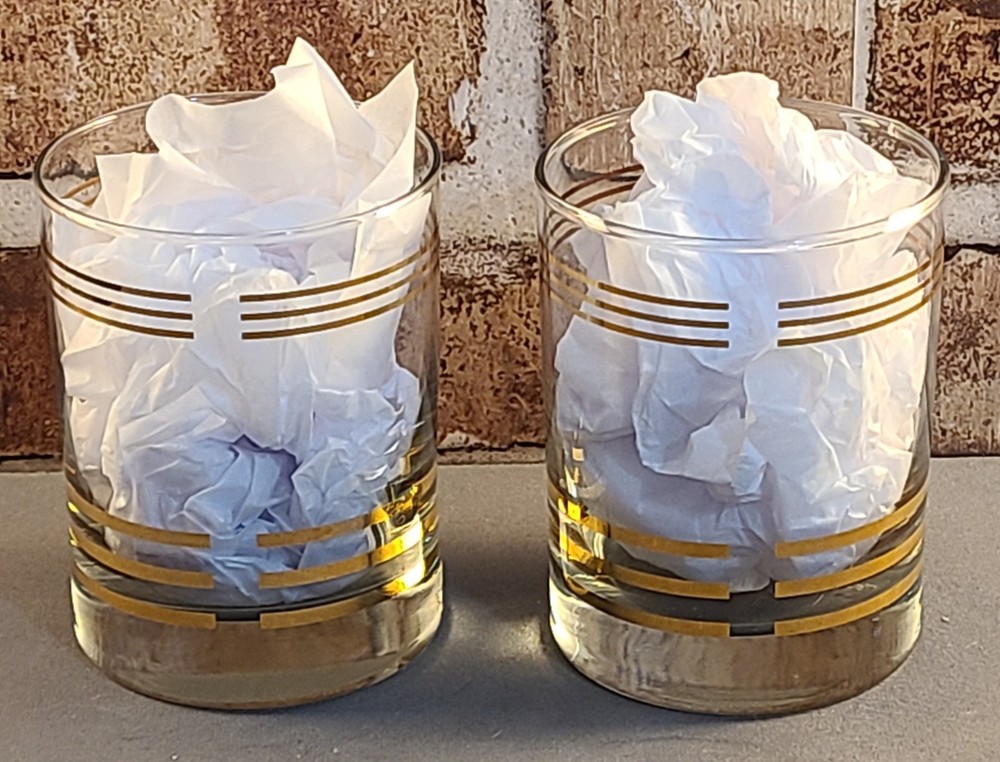 Vtg 2pc Gold Stripe Double Banded Lowball Glasses Old Fashioned Whiskey Barware