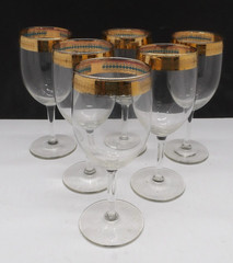 6 Tiffin? Gold & Blue Band Wine Glasses Vintage Mid-Century Barware Elegant