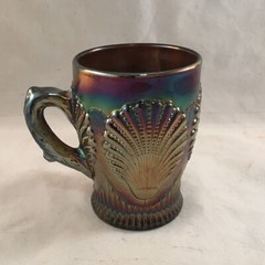 VINTAGE DUGAN BLUE CARNIVAL GLASS BEADED SHELL PATTERN HANDLED CUP