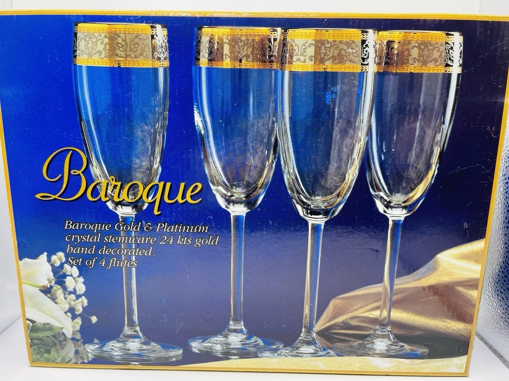 Baroque Gold & Platinum Set of 4 Crystal Flutes 24k Gold Band New w/Box
