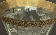 Tiffin-Franciscan clear optic crystal with a gold-encrusted band rim. Set