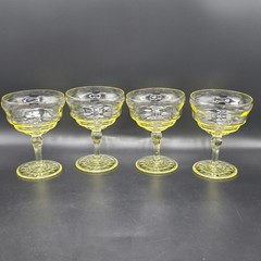 Set of 4 Topaz Uranium Glass Sherbet Champagne Coupes Glasses Depression Glow
