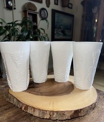 Vintage white milk glass tumbler set, 4 drinking glass set grape design about 6″
