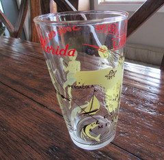 Souvenir Florida State Map & Couple Fishing Vintage Drinking Glass MCM