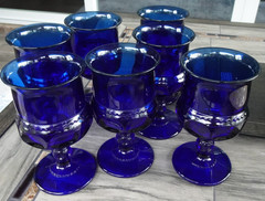 Set 7 Imperial by Tiara Glass Cobalt Blue Kings Crown Thumbprint Water Goblets