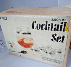 MCM Anchor Hocking Cocktail Set Silver Bands Original Box Silver Trim Lot of 8