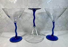 Set of 3 Libbey Courbe Martini Glasses Blue Zig Zag Stem Clear Bowl