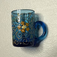Bohemian Hand Enameled Orange Floral Blue Glass Cordials C. 1890s