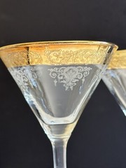 Cellini Martini Glasses Italy 1970’s Etched Crystal 24k Gold Rim Set of 8