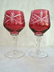 Pair of Hand-Blown Cut to Clear Vintage Cranberry Stained Wine Glasses