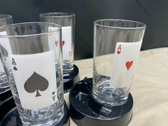 16 Piece Lot ~ «ACE’S UP» (8) 4 Designs Glass Tumblers (8) Coaster Ashtrays