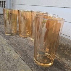 Set 5 Vintage Jeannette Iridescent Marigold Optic Panel 10oz RIBBED Tumblers EUC
