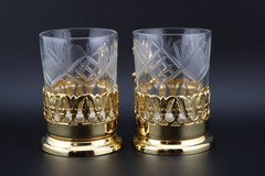 Vintage 24K Gold Plated Dragon Tea Glasses Set 2 Cut Crystal Turkish/Persian