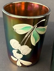 1 Fenton Iridescent Cobalt Blue Carnival Glass Tumbler w/ Hand Painted Cherries.