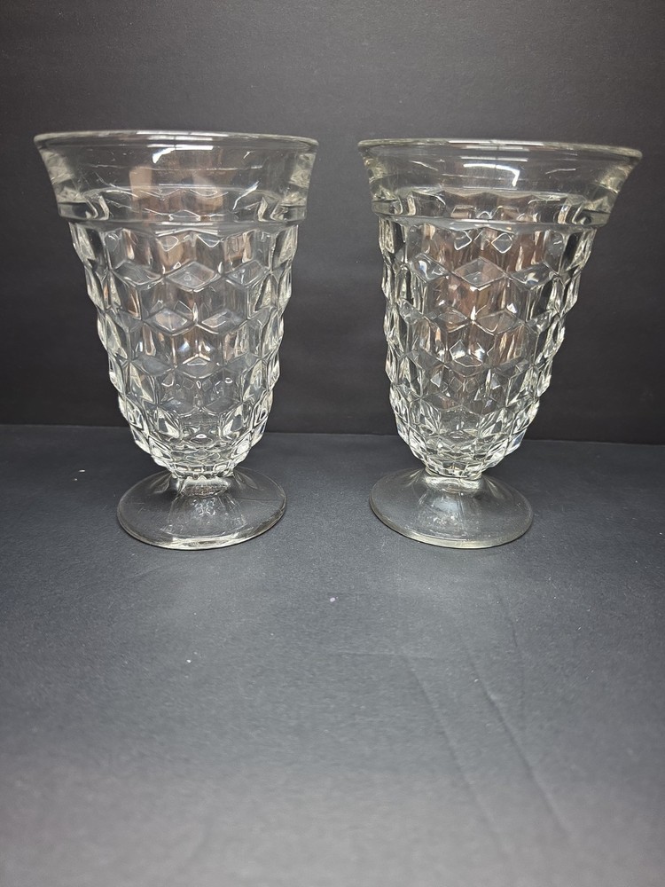 Set of 2 Fostoria American Clear Footed Iced Tea Glasses Cubist Cube Vintage