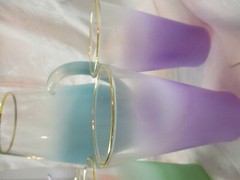 Vintage W.V. Blendo glass tall Pitcher & 6 Tumblers Aqua orange purple green