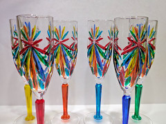 CC ZECCHIN MURANO Flute Glass, Multi color 9” Tall, Set of 6