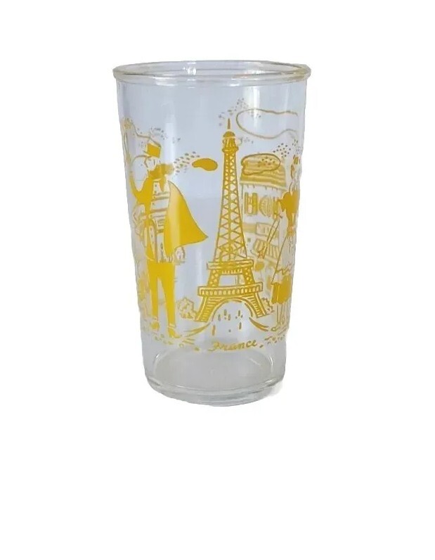1950s Hazel Atlas Yellow Paris France Street Small Juice Glass. Collectors Cup.