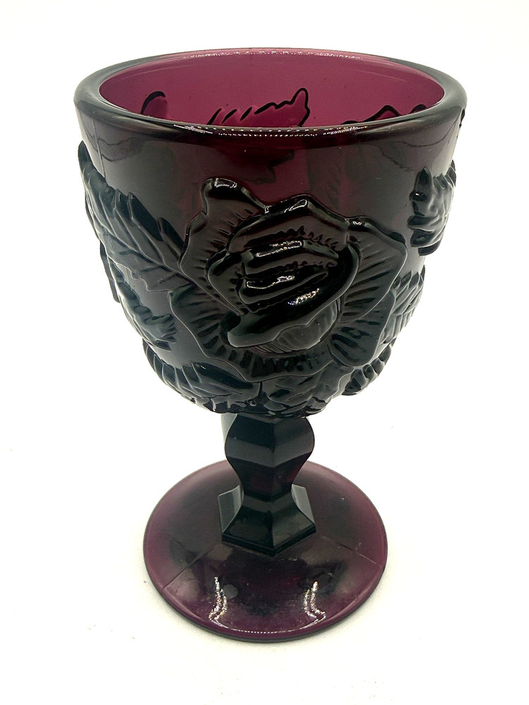 Vtg L.G. Wright Fenton Glass Wild Rose Madonna Inn Plum-Purple Water Goblet