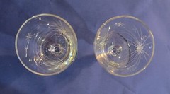 2 Atomic Starburst Etched 3.25″ Crystal Liqueur Glasses 1960s Vtg Barware