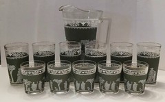 Mid Century Modern Jeannette Glass Hellenic Green 12pc Bareware Set W 22kt Trim