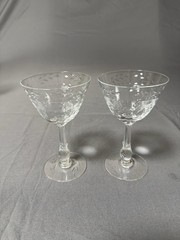 Set 2 Vintage Etched Glass Wine Goblets Floral Clear Stemware 5in #2