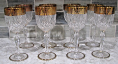 8 Small Crystal Stemmed Cordial Glasses with Gold Rims & Base. 5″, holds 2 oz