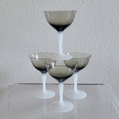 Vintage 1930s Art Deco Smoke Glass Champagne Coupe Milk Glass Stem Set of 4