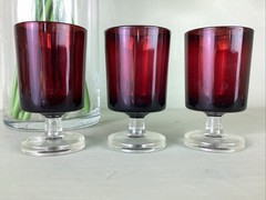 Set of 3 RUBY RED 1 oz Shot Glasses Clear Stem & Base Cordial Made in France