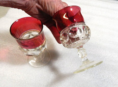 TWO Kings Crown Thumbprint Water Goblets Ruby Flash Stained 5 3/4″