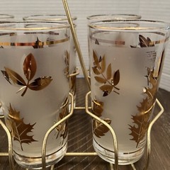 Vintage Libbey Gold Leaf High-ball Frosted Glasses 8-Piece Set – Metal Carrier
