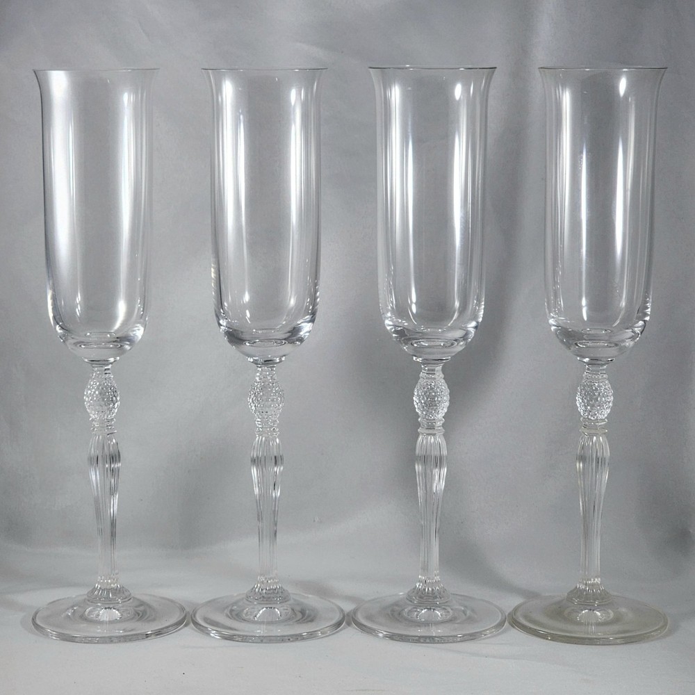 Vintage Crystal Champagne Flutes Tall Pineapple Ball Stem Cut Glass Elegant Set