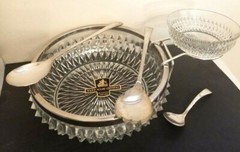 Vtg Chip Dip Dish Set Fancy Hobnail Crystal Glass Pattern 2Pc 3 Utensils England