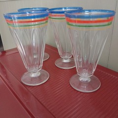 Vtg Anchor Hocking Parfait Footed Tumblers with Multicolored Rings Set of 4